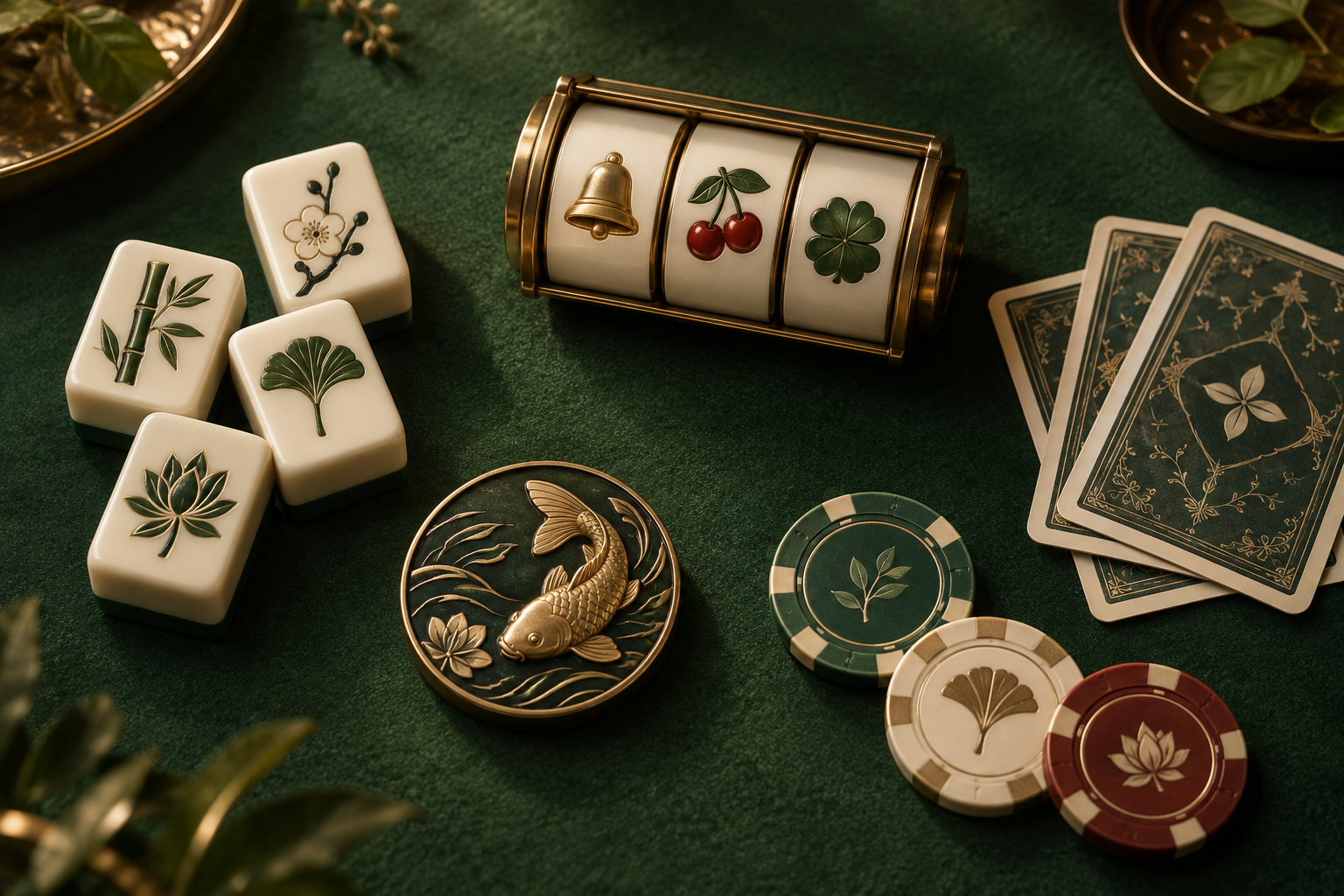 Ilustrasi katalog kasino dengan ubin mahjong, gulungan slot, kartu, dan keping di meja hijau.